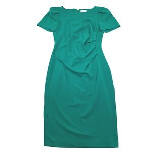 Calvin Klein Women Sheath Dress Green Short Sleeve Ruched Front Knee Length Sz 4